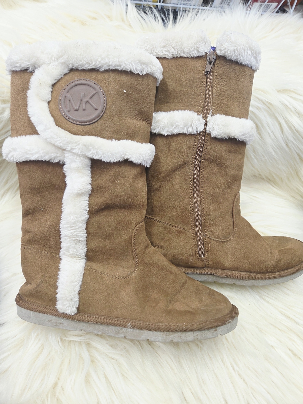 Michael Kors Kids Tan Faux-Suede Boots with Cream Faux-Shearling Trim